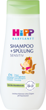 HiPP Babysanft Sensitive Szampon + Odżywka dla dzieci z bio-migdałem, biała butelka z konikiem, widok z przodu.