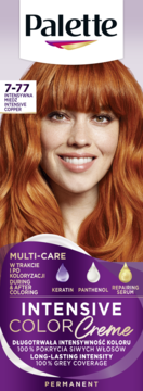Palette Intensive Color Creme 7-77 Intensywna Miedź, z modelką o miedzianych włosach, widok z przodu opakowania.