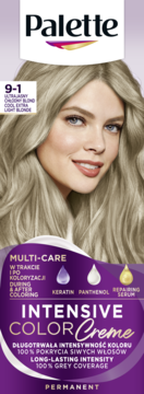 Opakowanie farby Palette Intensive Color Creme 9-1 Ultralight Chłodny Blond, z modelką, widok z przodu.