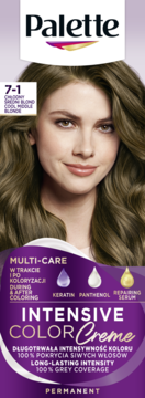 Palette Intensive Color Creme 7-1 Chłodny Średni Blond, pudełko farby do włosów, widok z przodu z modelką.