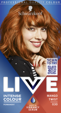 Opakowanie farby Schwarzkopf LIVE Intense Colour 030 Mango Twist, z uśmiechniętą modelką o rudych włosach.