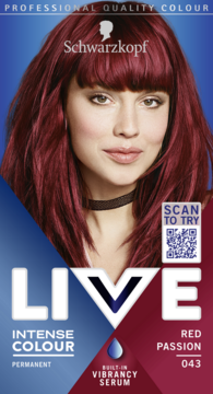 Opakowanie farby Schwarzkopf LIVE Red Passion 043 z modelką o intensywnie czerwonych włosach, widok z przodu.