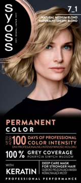 Syoss 7_1 Naturalny Średni Blond. Pudełko farby z blondynką. Trwała koloryzacja, 100% pokrycia siwych włosów, z keratyną.