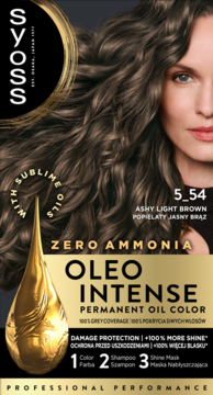 Syoss Oleo Intense 5-54 Popielaty Jasny Brąz, farba do włosów bez amoniaku, widok opakowania z modelką.