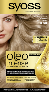 Syoss Oleo Intense 8-68 Pale Sand, farba do włosów bez amoniaku, czarno-złote opakowanie z wizerunkiem kobiety.