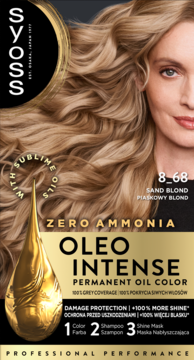 Farba Syoss Oleo Intense 8-68 Piaskowy Blond, bez amoniaku, na pudełku blond włosy i złota kropla oleju, widok z przodu.