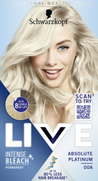 Opakowanie Schwarzkopf LIVE Intense Bleach Absolute Platinum 00A, z modelką o platynowych włosach, widok z przodu.