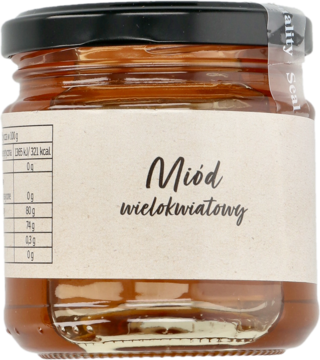 Słoik 250 g miodu nektarowego wielokwiatowego, z beżową etykietą, czarną zakrętką, widok z przodu.