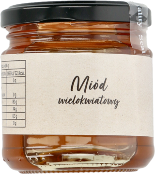 Słoik 250 g miodu nektarowego wielokwiatowego, z beżową etykietą, czarną zakrętką, widok z przodu.