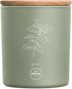 Naturalna świeca zapachowa Aroma Home Mint w miętowym szklanym słoiku z drewnianym wieczkiem i białą grafiką mięty.