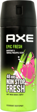 Axe Epic Fresh dezodorant w sprayu, czarno-zielona puszka z różowym owocem i napisami, widok z przodu.