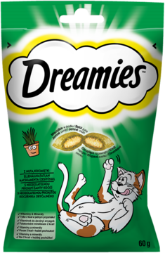 Zielona torebka przysmaków Dreamies dla kota z kocimiętką, z logo i wesołym kotem, widok z przodu.