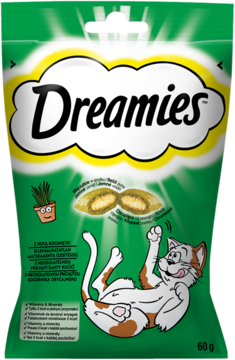 Zielona torebka przysmaków Dreamies dla kota z kocimiętką, z logo i wesołym kotem, widok z przodu.