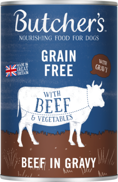 Butcher's Grain Free Beef in Gravy karma dla psa, granatowo-brązowa puszka z białym obrysem krowy, widok z przodu.