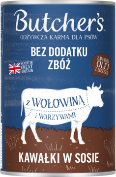 Puszka Butcher's bezzbożowej karmy dla psów z wołowiną i warzywami, kawałki w sosie, widok z przodu.