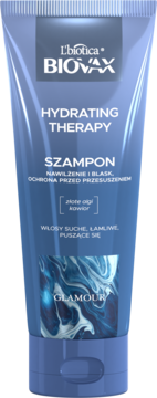 Biovax Glamour Hydrating Szampon w niebieskiej tubie z efektem marmuru, widok z przodu.