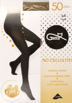 Czarne rajstopy Gatta 50 den z mikrofibry, redukujące cellulit, przedstawione na opakowaniu z mandarynką.