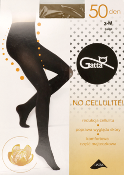 Czarne rajstopy Gatta 50 den z mikrofibry redukujące cellulit, na opakowaniu z grafiką nóg i mandarynką.