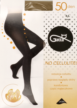 Czarne rajstopy Gatta 50 den w opakowaniu, z grafiką sylwetki i pomarańczą, obiecujące redukcję cellulitu.