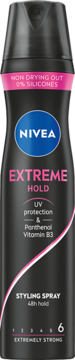 NIVEA Extreme Hold Styling Spray w czarnej butelce z różowymi detalami, widok z przodu, z UV ochroną.