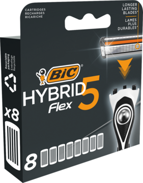 Czarno-pomarańczowe opakowanie BIC Hybrid 5 Flex, 8 wkładów, z wizualizacją ruchomego ostrza 5-flex.