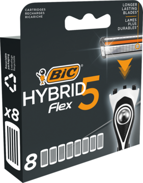 Czarno-pomarańczowe opakowanie BIC Hybrid 5 Flex, 8 wkładów, z wizualizacją ruchomego ostrza 5-flex.