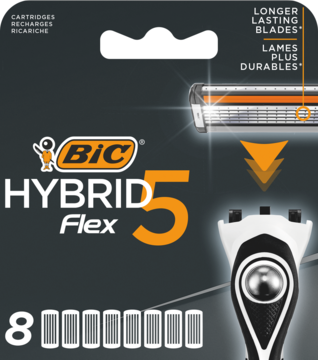 Opakowanie BIC Hybrid 5 Flex, 8 wkładów z 5 ruchomymi ostrzami, ciemnoszare z napisem „LONGER LASTING BLADES”.