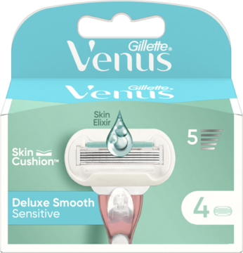 Gillette Venus Deluxe Smooth Sensitive, opakowanie 4 wkładów z 5 ostrzami i Skin Elixir, turkusowe tło, przód.