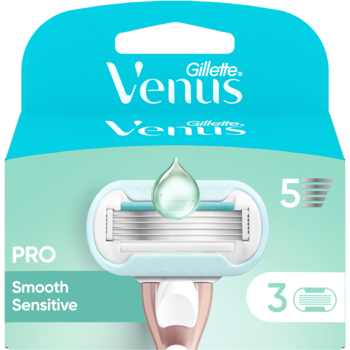 Gillette Venus Smooth Sensitive, 3 wkłady do maszynki z 5 ostrzami, turkusowo-zielone opakowanie, widok z przodu.