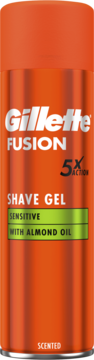 Pomarańczowy żel do golenia Gillette Fusion Sensitive z olejkiem migdałowym, widok z przodu, 5x działanie.
