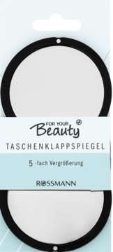 Lusterko kieszonkowe For Your Beauty Rossmann, 5x powiększenie, w czarnej ramce, na jasnoniebieskim tle opakowania.