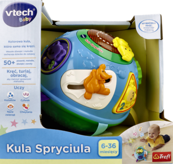 Kolorowa Vtech Baby Kula Spryciula, interaktywna zabawka edukacyjna z przyciskami i figurkami, w pudełku.