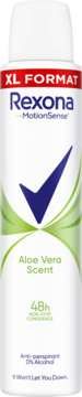 Biały antyperspirant Rexona MotionSense Aloe Vera XL w sprayu, widok z przodu, z zielonymi liśćmi i niebieskim "check".