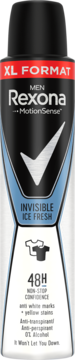Antyperspirant Rexona Men Invisible Ice Fresh w czarno-niebieskiej butelce XL, widok z przodu.