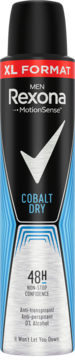 Rexona Men Cobalt Dry antyperspirant XL, czarno-niebieska puszka, 48H ochrony, widok z przodu.