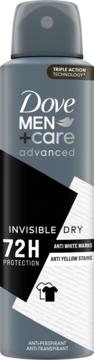 Szara butelka antyperspirantu Dove Men+Care Advanced Invisible Dry 72h, z widokiem z przodu.