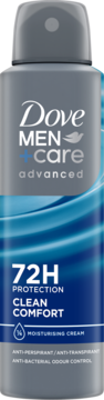 Dove Men+Care Advanced Clean Comfort antyperspirant 72H, ¼ krem nawilżający, szaro-niebieski spray, widok z przodu.