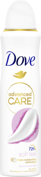 Antyperspirant Dove Advanced Care Soft Feel w białym aerozolu, z wizualizacją kremu, 72h ochrony, zapach piwonii.