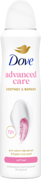 Dove Advanced Care Soft Feel, antyperspirant w sprayu 72h, biała butelka z różowymi detalami, widok z przodu.
