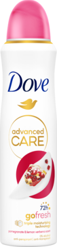 Antyperspirant Dove Advanced Care Go Fresh Granat 72h, biała puszka z różową nakrętką i grafiką granatu, widok z przodu.