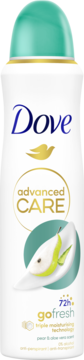 Dove Advanced Care Go Fresh 72h antiperspirant spray z gruszką i aloesem, biała butelka, widok z przodu.