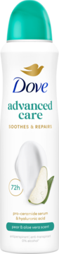 Biały antyperspirant Dove Advanced Care 72h, gruszka i aloes, z ceramidami, zielona zakrętka, widok z przodu.