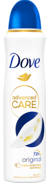 Biały antyperspirant Dove Advanced Care Original 72h, niebieska nakrętka, złote detale, widok z przodu.