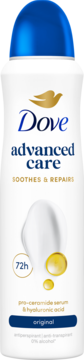 Antyperspirant Dove Advanced Care Original, biała butelka z niebieską nakrętką, z przodu widać 72h, ceramidy i kwas hialuronowy.