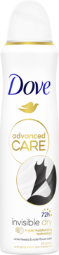 Biały antyperspirant Dove Advanced Care Invisible Dry 72h, widok z przodu, z graficznym symbolem czarnej sukienki.