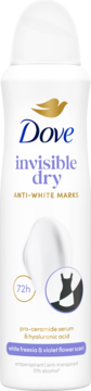 Antyperspirant Dove Invisible Dry, biała butelka, z ceramidami i kwasem hialuronowym, bez białych śladów do 72h.