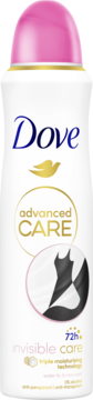 Antyperspirant Dove Advanced Care Invisible Care, biała butelka z różową nakrętką, widok z przodu, z logo Dove i napisem 72h.
