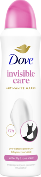 Biały antyperspirant Dove Invisible Care, różowy korek, zapach lilii wodnej i róży, bez białych śladów.