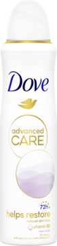 Biały antyperspirant w sprayu Dove Advanced Care 72h, Helps Restore z witaminą B3, widok z przodu.