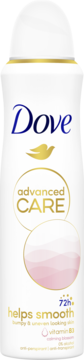 Biały spray Dove Advanced Care Helps Smooth 72h, antyperspirant z witaminą B3, widok z przodu.